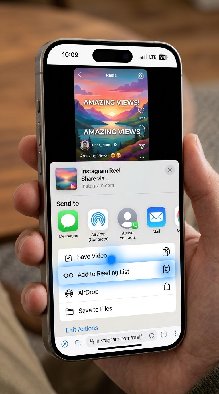 Step 4: Tap Save Video in iOS Share Sheet to send Reel to Camera Roll